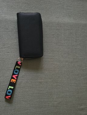 Black Zip-Around Wristlet Wallet with LOVE Strap